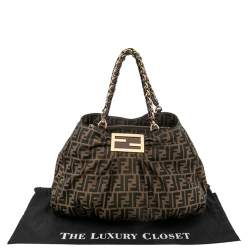 Pre Owned Fendi Tobacco Zucca Canvas And Patent Leather Mia Chain Tote