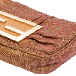 Pre Owned Fendi Gold/Pink Iridescent Lurex Fabric Mia Pochette Bag