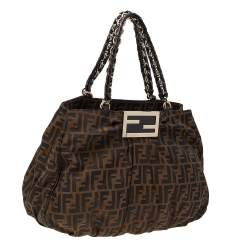 Pre Owned Fendi Tobacco Zucca Canvas And Patent Leather Large Mia Shoulder Bag