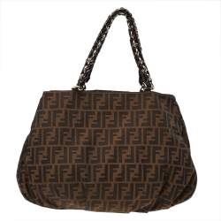 Pre Owned Fendi Tobacco Zucca Canvas And Patent Leather Large Mia Shoulder Bag