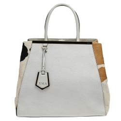 Pre Owned Fendi White/Brown Leather And Calf Hair Large 2jours Tote