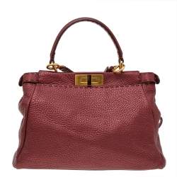 Pre Owned Fendi Metallic Ruby Red Selleria Leather Medium Peekaboo Top Handle Bag