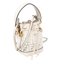 Pre Owned Fendi White Zucca PVC and Leather Mini Mon Tresor Drawstring Bucket Bag