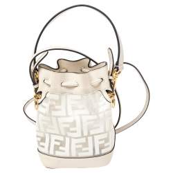 Pre Owned Fendi White Zucca PVC and Leather Mini Mon Tresor Drawstring Bucket Bag