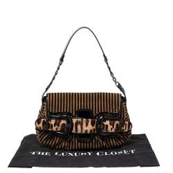 Pre Owned Fendi Brown/Black Striped Velvet and Calfhair B Bis Shoulder Bag