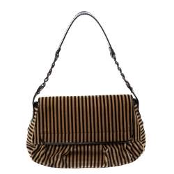 Pre Owned Fendi Brown/Black Striped Velvet and Calfhair B Bis Shoulder Bag