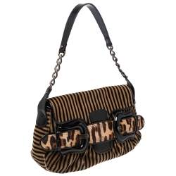 Pre Owned Fendi Brown/Black Striped Velvet and Calfhair B Bis Shoulder Bag