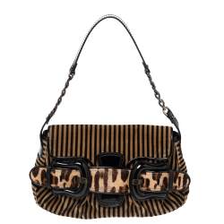 Pre Owned Fendi Brown/Black Striped Velvet and Calfhair B Bis Shoulder Bag