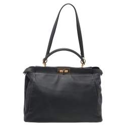 Pre Owned Fendi Dark Grey Leather Large Peekaboo Top Handle Bag