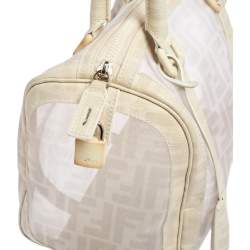 Pre Owned Fendi White Zucca Mesh and Coated Canvas Bauletto Boston Bag