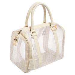 Pre Owned Fendi White Zucca Mesh and Coated Canvas Bauletto Boston Bag