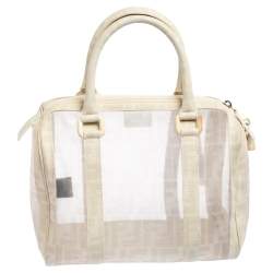 Pre Owned Fendi White Zucca Mesh and Coated Canvas Bauletto Boston Bag