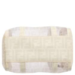 Pre Owned Fendi White Zucca Mesh and Coated Canvas Bauletto Boston Bag