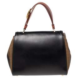 Pre Owned Fendi Black/Tobacco Penguin Stripe Canvas and Leather Silvana Top Handle Bag