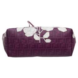 Pre Owned Fendi Purple Zucca Coated Canvas Floral Embroidered Roll Tote