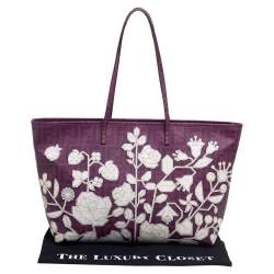 Pre Owned Fendi Purple Zucca Coated Canvas Floral Embroidered Roll Tote