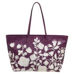 Pre Owned Fendi Purple Zucca Coated Canvas Floral Embroidered Roll Tote