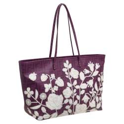 Pre Owned Fendi Purple Zucca Coated Canvas Floral Embroidered Roll Tote