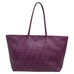 Pre Owned Fendi Purple Zucca Coated Canvas Floral Embroidered Roll Tote