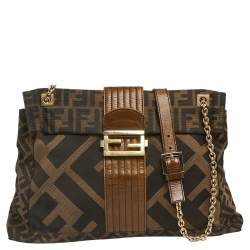 Fendi Tobacco Zucca Canvas And Leather Maxi Baguette Flap Shoulder Bag