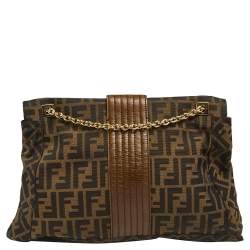 Fendi Tobacco Zucca Canvas And Leather Maxi Baguette Flap Shoulder Bag