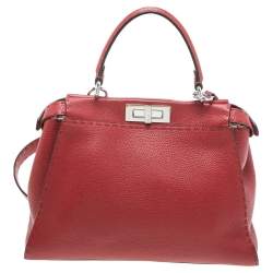 Pre Owned Fendi Red Leather Medium Selleria Peekaboo Top Handle Bag