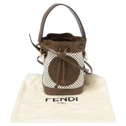 Pre Owned Fendi Khaki Green/White Perforated Leather Mini Mon Tresor Drawstring Bucket Bag