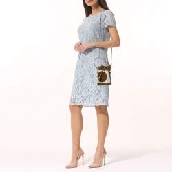 Pre Owned Fendi Khaki Green/White Perforated Leather Mini Mon Tresor Drawstring Bucket Bag