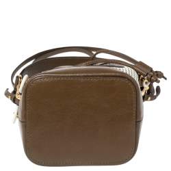 Pre Owned Fendi Khaki Green/White Perforated Leather Mini Mon Tresor Drawstring Bucket Bag