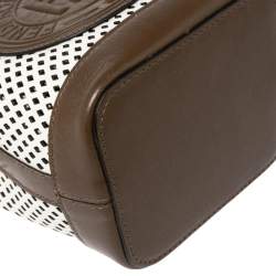 Pre Owned Fendi Khaki Green/White Perforated Leather Mini Mon Tresor Drawstring Bucket Bag