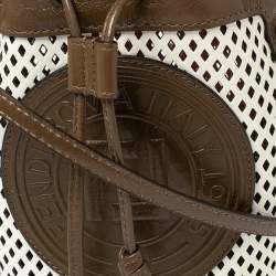 Pre Owned Fendi Khaki Green/White Perforated Leather Mini Mon Tresor Drawstring Bucket Bag