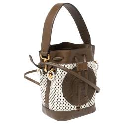 Pre Owned Fendi Khaki Green/White Perforated Leather Mini Mon Tresor Drawstring Bucket Bag