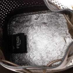 Pre Owned Fendi Khaki Green/White Perforated Leather Mini Mon Tresor Drawstring Bucket Bag