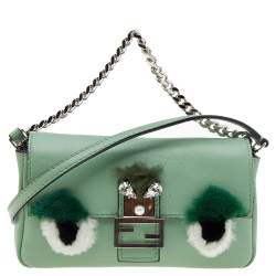 Pre Owned Fendi Green Leather and Fur Micro Monster Baguette Bag