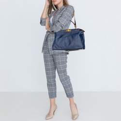 Pre Owned Fendi Blue/Brown Denim and Leather Large Peekaboo Top Handle Bag