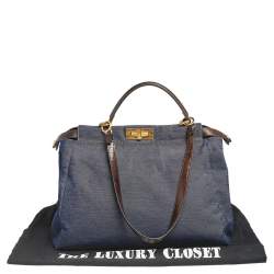 Pre Owned Fendi Blue/Brown Denim and Leather Large Peekaboo Top Handle Bag