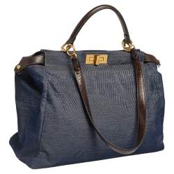 Pre Owned Fendi Blue/Brown Denim and Leather Large Peekaboo Top Handle Bag