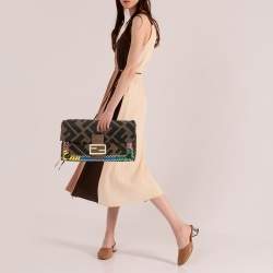 Pre Owned Fendi Tobacco Zucca Canvas and Leather Whipstitch Baguette Oversize Flap Clutch