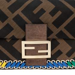 Pre Owned Fendi Tobacco Zucca Canvas and Leather Whipstitch Baguette Oversize Flap Clutch