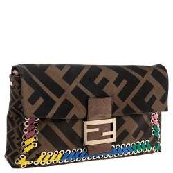 Pre Owned Fendi Tobacco Zucca Canvas and Leather Whipstitch Baguette Oversize Flap Clutch
