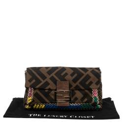 Pre Owned Fendi Tobacco Zucca Canvas and Leather Whipstitch Baguette Oversize Flap Clutch
