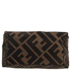 Pre Owned Fendi Tobacco Zucca Canvas and Leather Whipstitch Baguette Oversize Flap Clutch