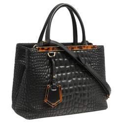 Pre Owned Fendi Black Croc Embossed Leather Mini 2jours Tote