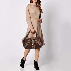 Pre Owned Fendi Brown Leather and Fabric Beaded Spy Hobo