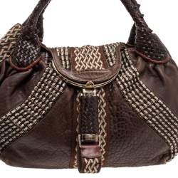 Pre Owned Fendi Brown Leather and Fabric Beaded Spy Hobo