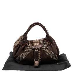 Pre Owned Fendi Brown Leather and Fabric Beaded Spy Hobo