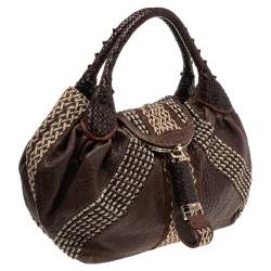 Pre Owned Fendi Brown Leather and Fabric Beaded Spy Hobo