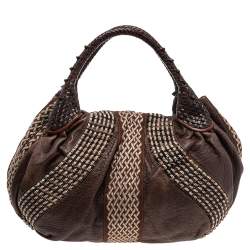 Pre Owned Fendi Brown Leather and Fabric Beaded Spy Hobo