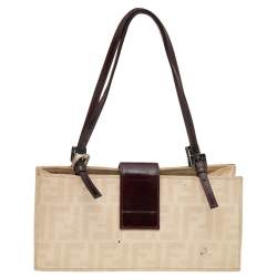 Pre Owned Fendi Cream/Brown Zucca Canvas and Leather Shoulder Bag