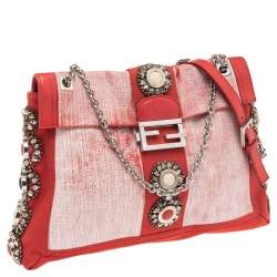 Fendi Red/White Canvas and Leather Maxi Baguette Embellished Shoulder Bag